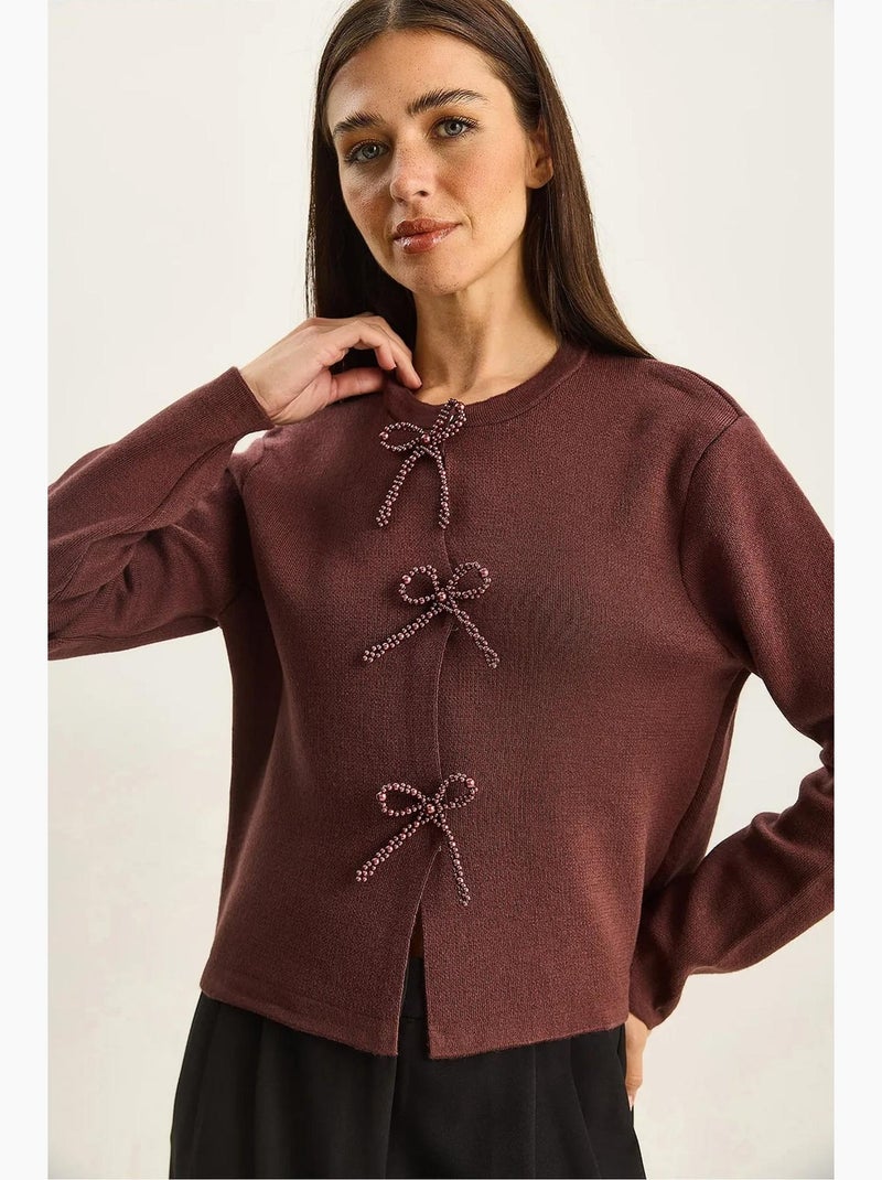 Cardigan in maglia a girocollo con dettaglio fiocco lucci Rosso bordeaux - Kiabi