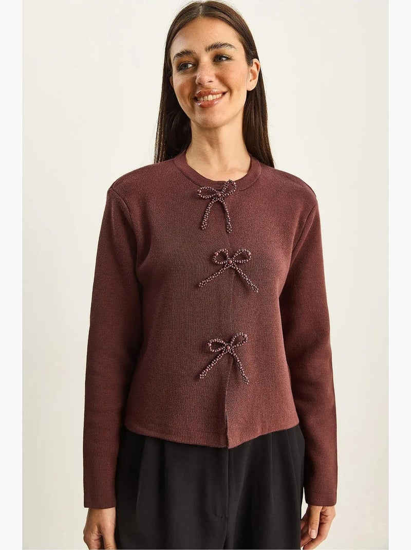 Cardigan in maglia a girocollo con dettaglio fiocco lucci Rosso bordeaux - Kiabi
