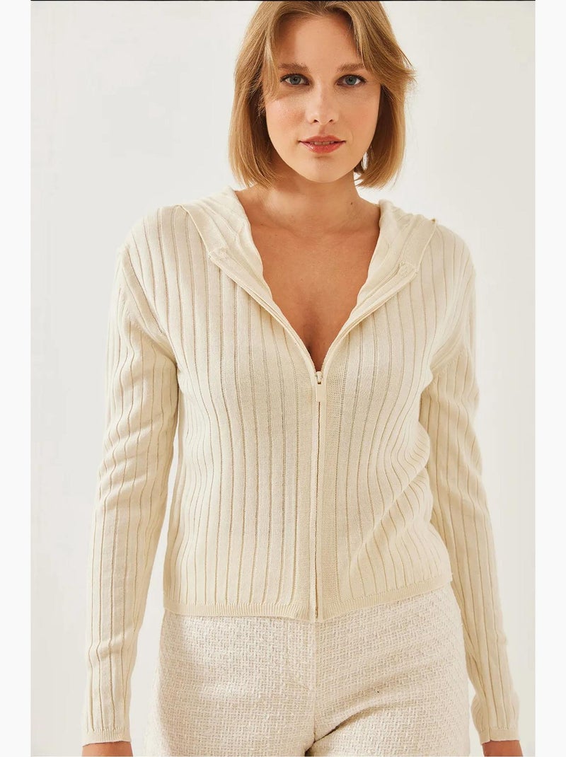 Cardigan in maglia a maniche lunghe con cappuccio e cerniera lucci Beige argilla - Kiabi