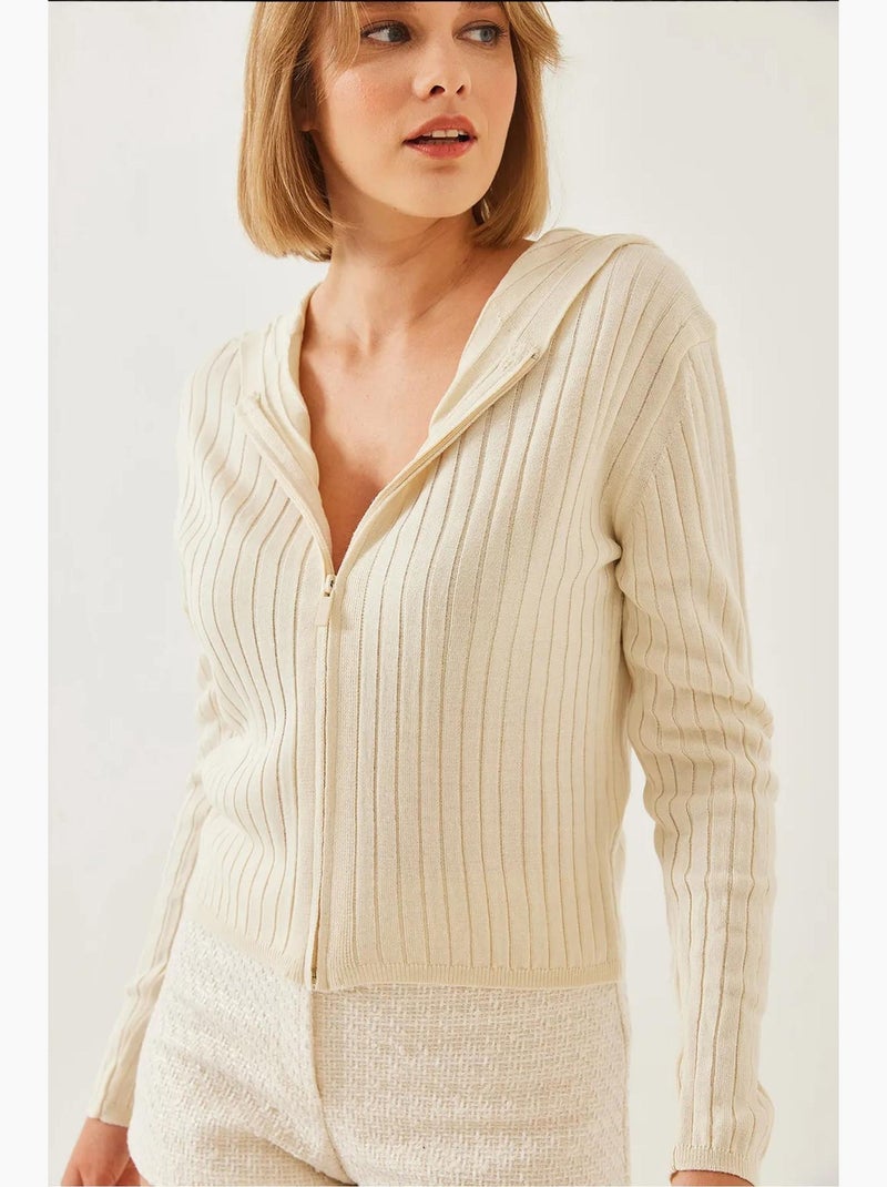 Cardigan in maglia a maniche lunghe con cappuccio e cerniera lucci Beige argilla - Kiabi