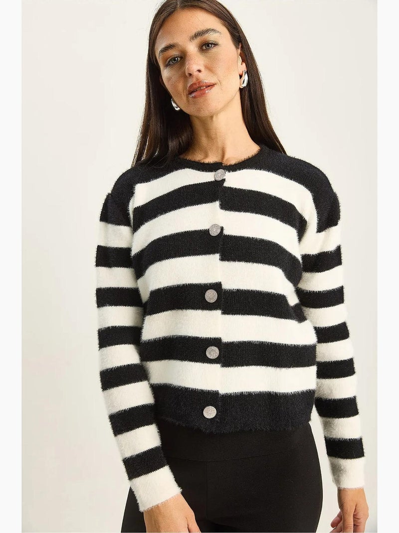 Cardigan in maglia a righe con bottoni lucci Nero Bianco - Kiabi