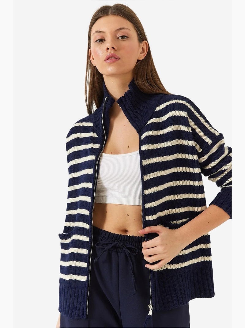 Cardigan in maglia a righe con zip e tasche lucci Blu marino - Kiabi