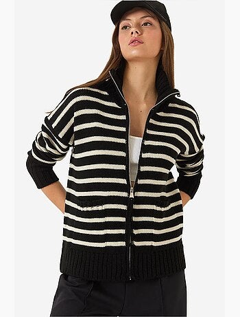 Cardigan in maglia a righe con zip e tasche lucci