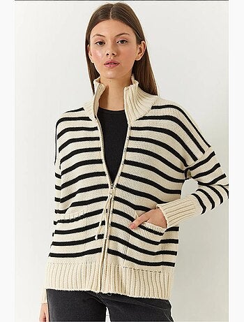Cardigan in maglia a righe con zip e tasche lucci