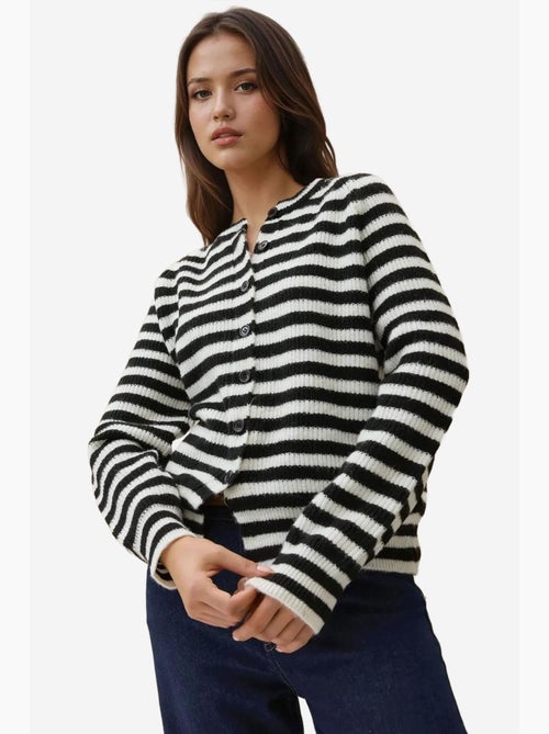 Cardigan in maglia a righe soft touch con girocollo hiccup - Kiabi Cardigan in maglia a righe soft touch con girocollo hiccup - Kiabi