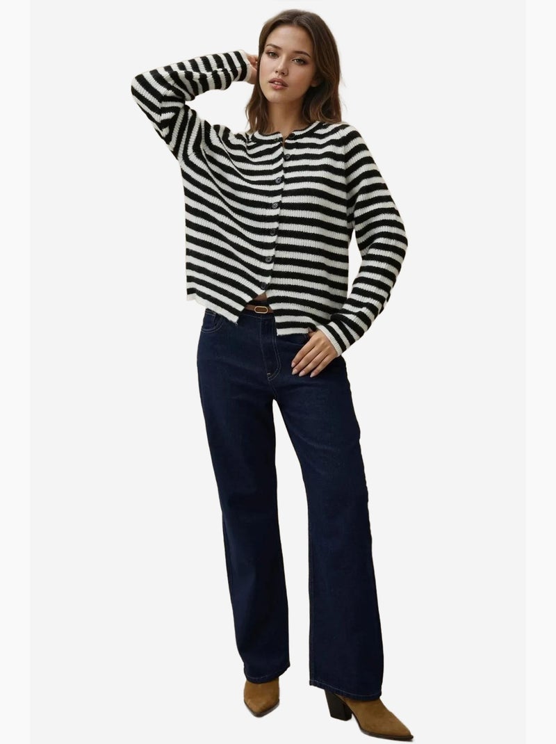 Cardigan in maglia a righe soft touch con girocollo hiccup Bianco Nero - Kiabi