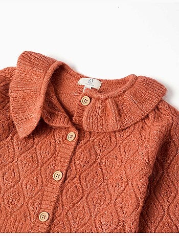 Cardigan in maglia a traforo con colletto arricciato