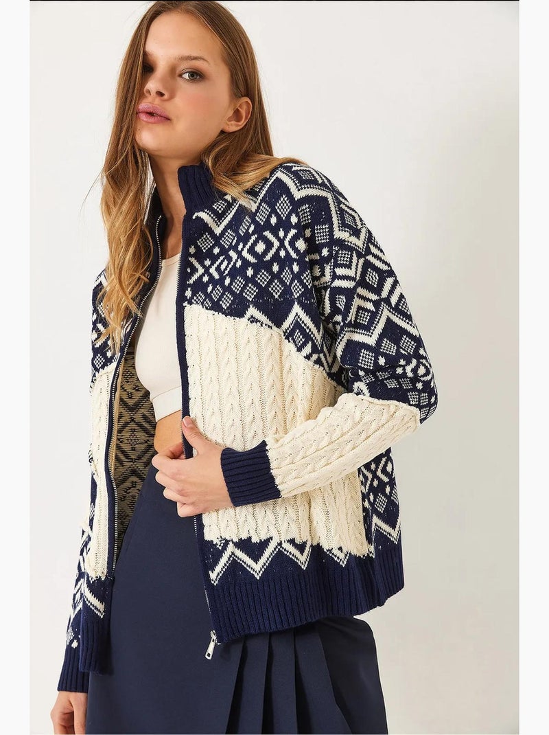 Cardigan in maglia con cerniera jacquard lucci Blu marino - Kiabi