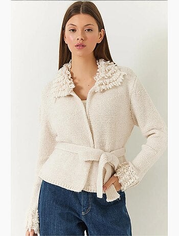 Cardigan in maglia con colletto e polsini con frange lucci