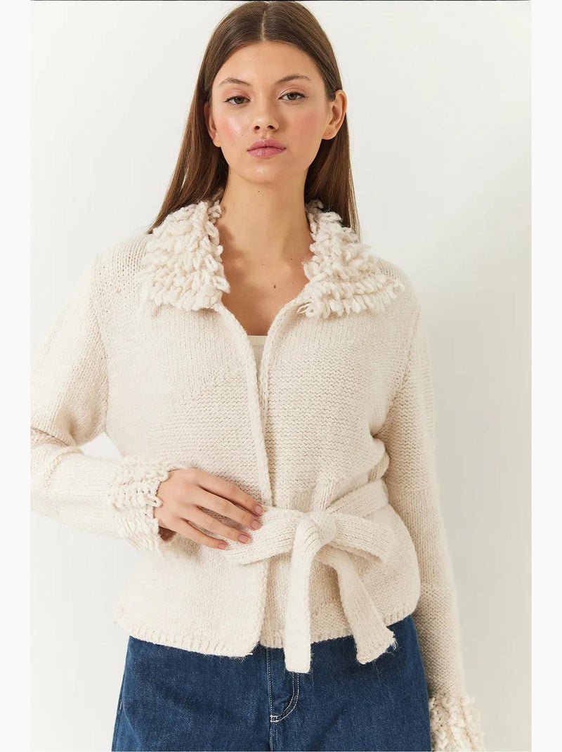 Cardigan in maglia con colletto e polsini con frange lucci Beige argilla - Kiabi
