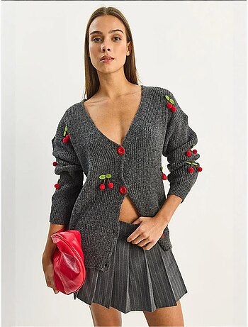 Cardigan in maglia con scollo a v e ricamo frutta lucci