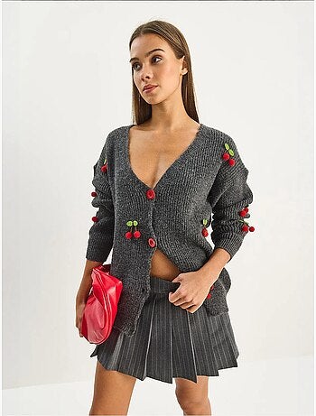 Cardigan in maglia con scollo a v e ricamo frutta lucci