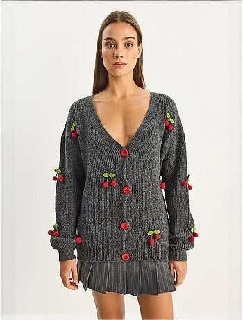 Cardigan in maglia con scollo a v e ricamo frutta lucci