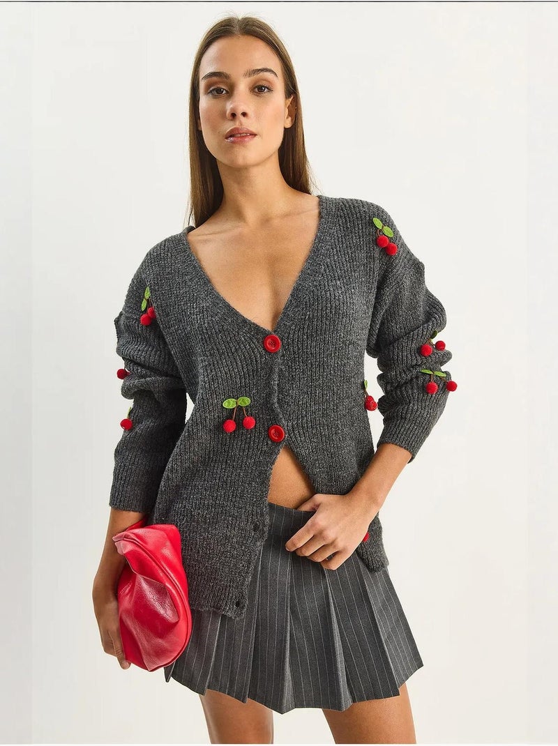 Cardigan in maglia con scollo a v e ricamo frutta lucci Grigio nero - Kiabi