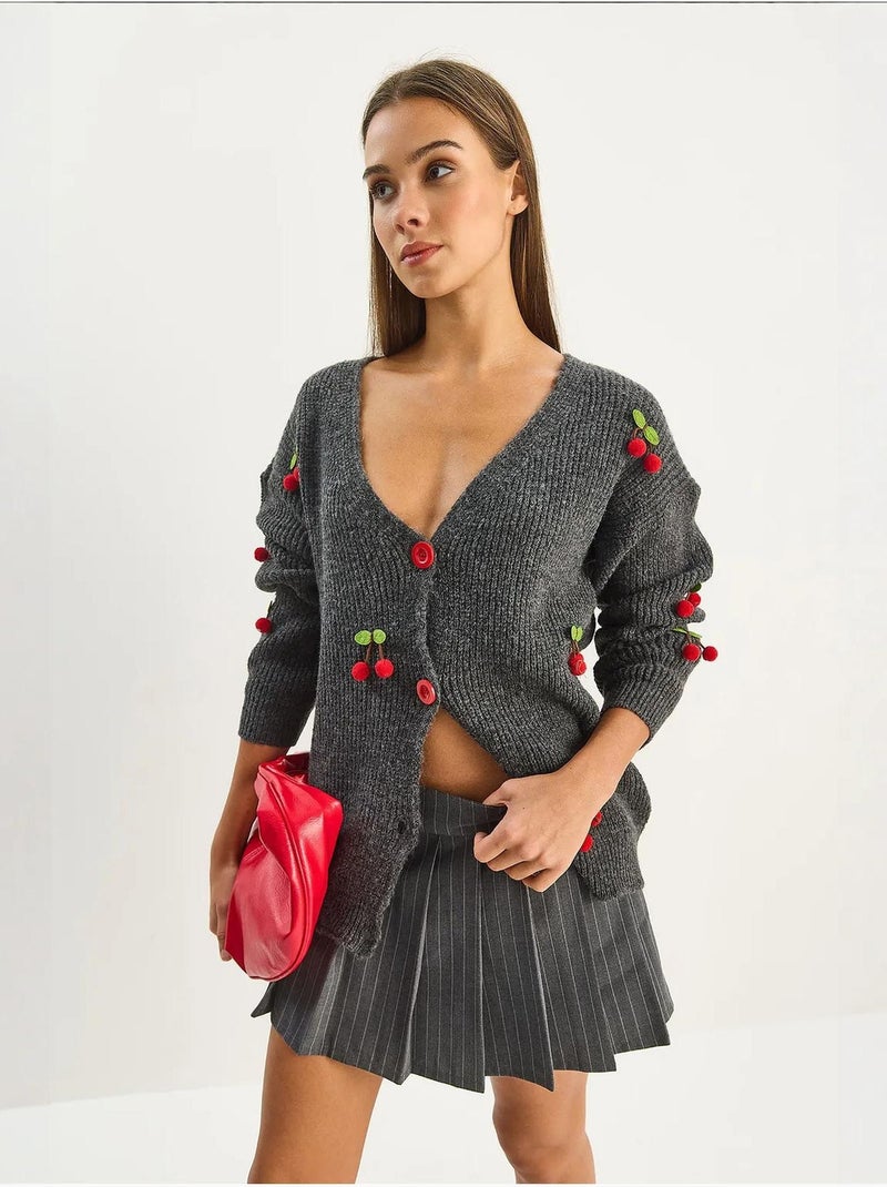 Cardigan in maglia con scollo a v e ricamo frutta lucci Grigio nero - Kiabi