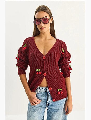 Cardigan in maglia con scollo a v e ricamo frutta lucci
