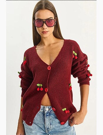 Cardigan in maglia con scollo a v e ricamo frutta lucci