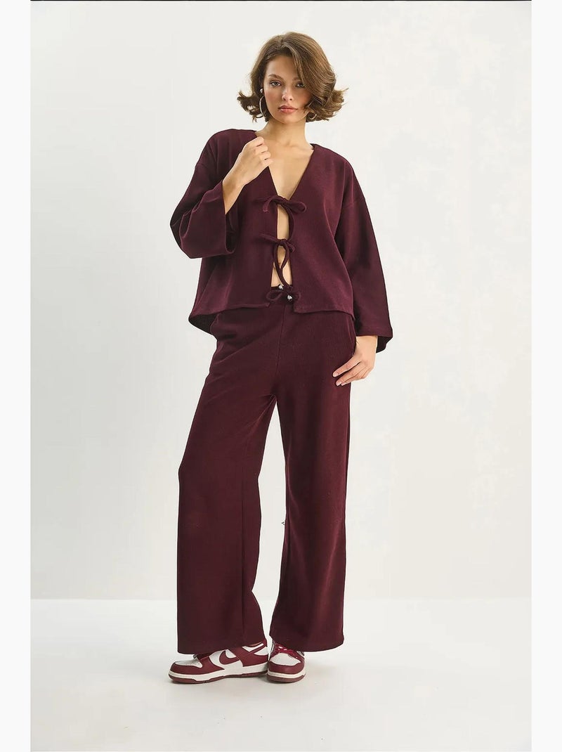 Cardigan in maglia con scollo a v e set di pantaloni a gamba ampia lucci Rosso bordeaux - Kiabi