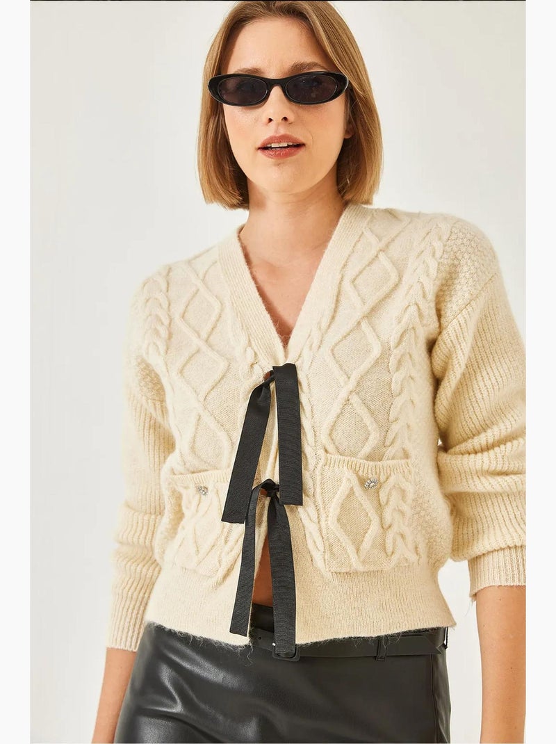 Cardigan in maglia con tasca anteriore a fiocco lucci Beige argilla - Kiabi