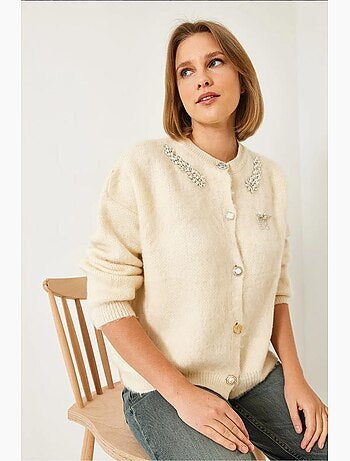 Cardigan in maglia di pile con colletto decorato lucci