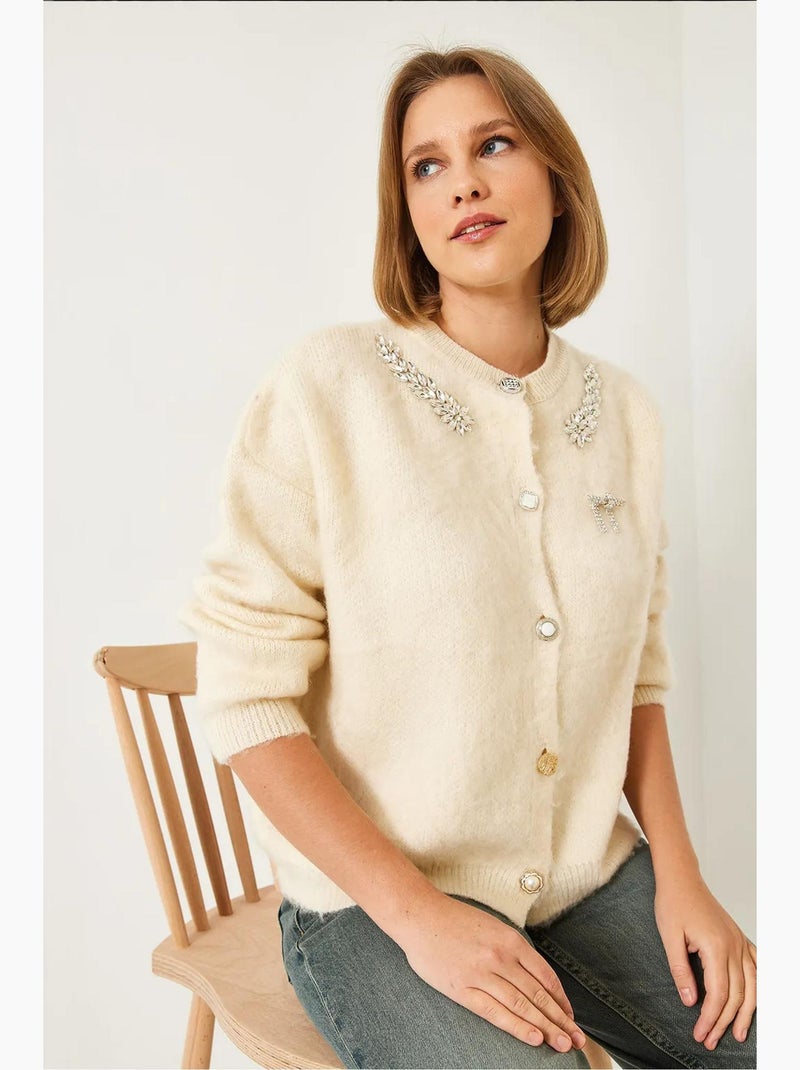 Cardigan in maglia di pile con colletto decorato lucci Beige argilla - Kiabi