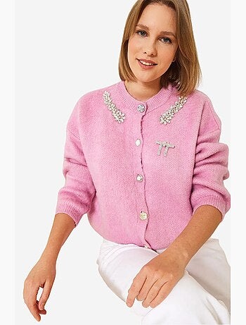 Cardigan in maglia di pile con colletto decorato lucci