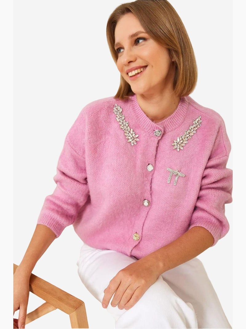 Cardigan in maglia di pile con colletto decorato lucci Rosa fluo/Solinotes - Kiabi