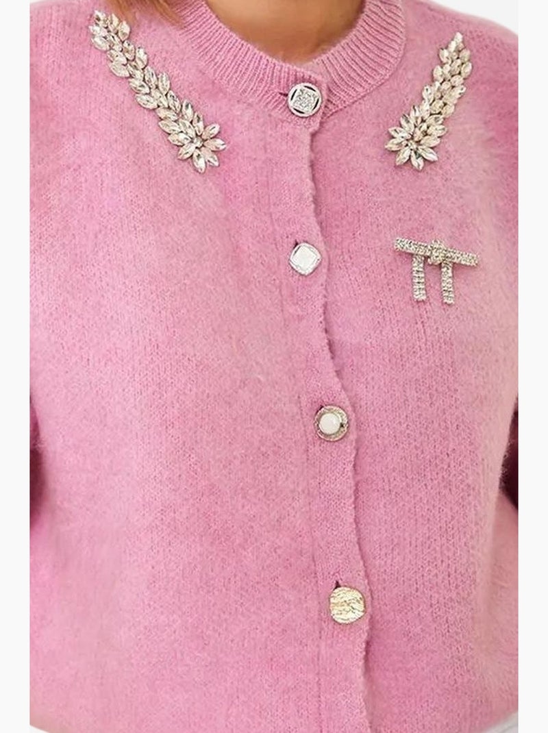 Cardigan in maglia di pile con colletto decorato lucci Rosa fluo/Solinotes - Kiabi