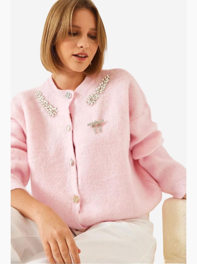 Cardigan in maglia di pile con colletto decorato lucci Rosa pallido - Kiabi