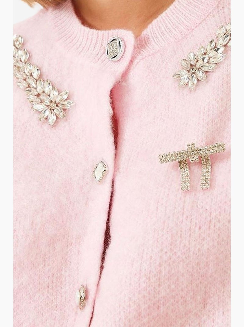 Cardigan in maglia di pile con colletto decorato lucci Rosa pallido - Kiabi