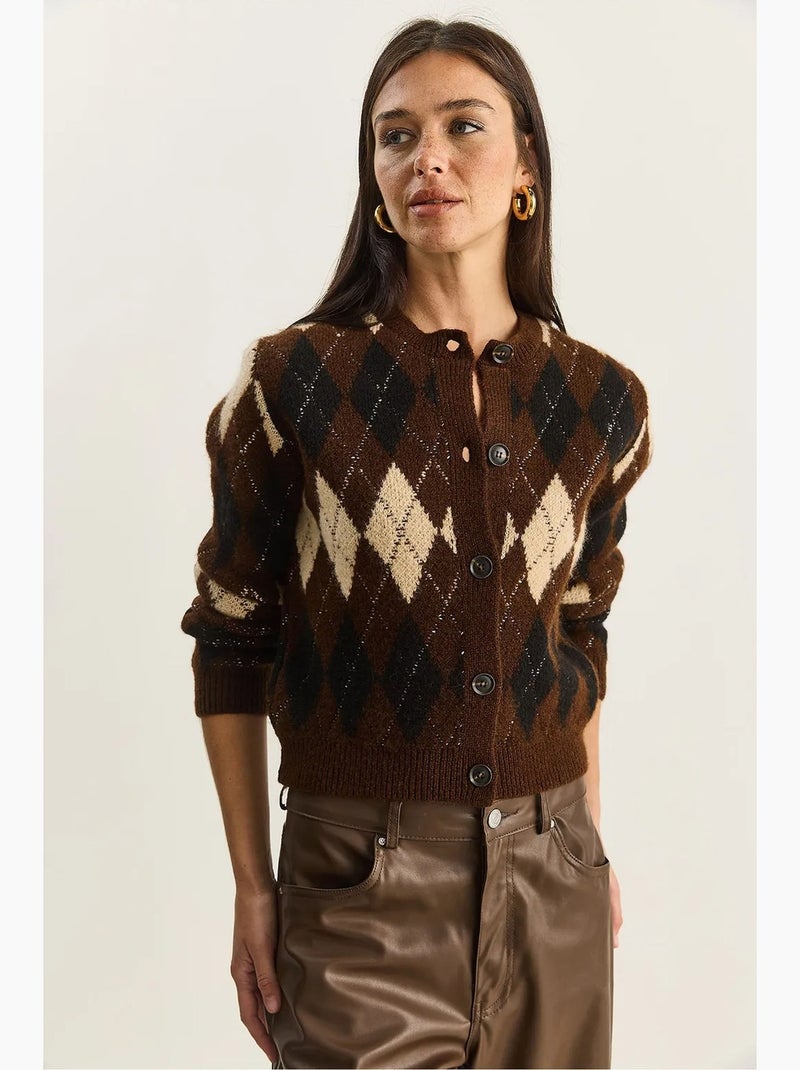 Cardigan in maglia jacquard spessa con chiusura a bottoni lucci Marrone cioccolato - Kiabi