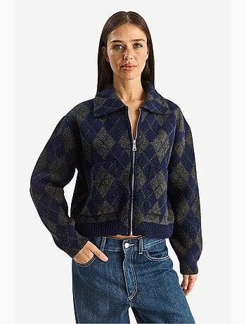Cardigan in maglia jacquard spessa con zip lucci