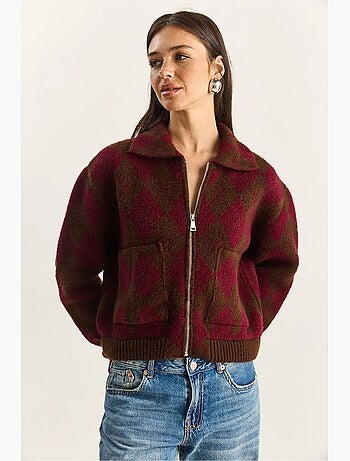 Cardigan in maglia jacquard spessa con zip lucci