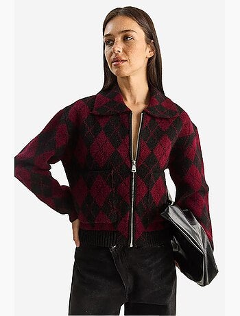 Cardigan in maglia jacquard spessa con zip lucci