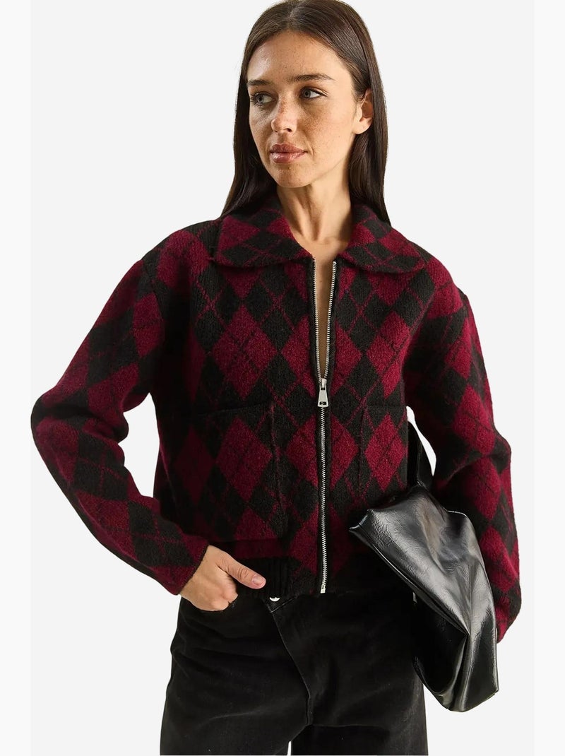 Cardigan in maglia jacquard spessa con zip lucci Rosso bordeaux - Kiabi