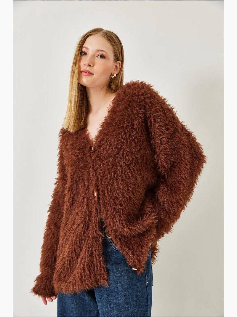 Cardigan in maglia soffice con bottoni e scollo a v lucci Marrone cioccolato - Kiabi