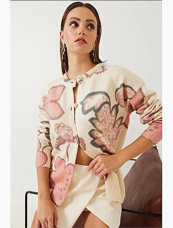 Cardigan in maglia testurizzata a fiori con bottoni lucci