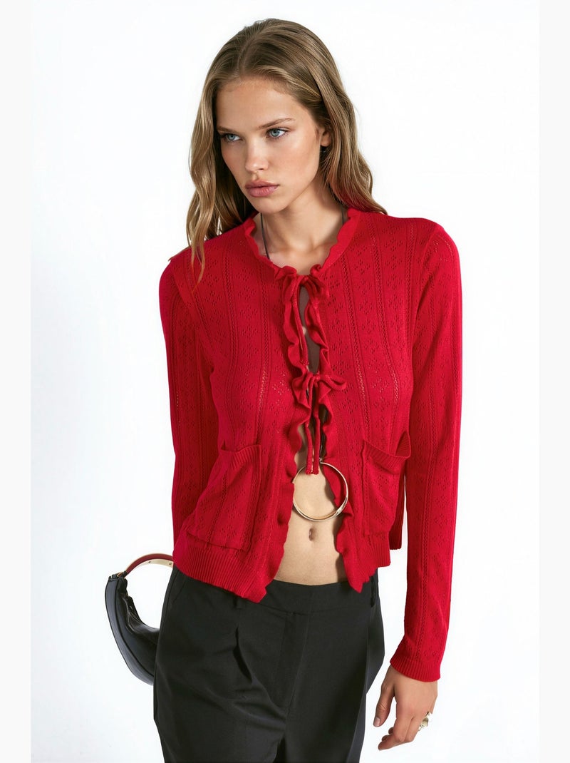 Cardigan in maglia traforata con ruches e filato speciale hiccup Rosso cashmere - Kiabi