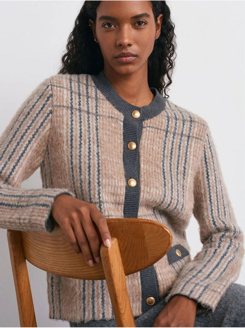 Cardigan jacquard a quadri con girocollo dilvin Multicolore - Kiabi
