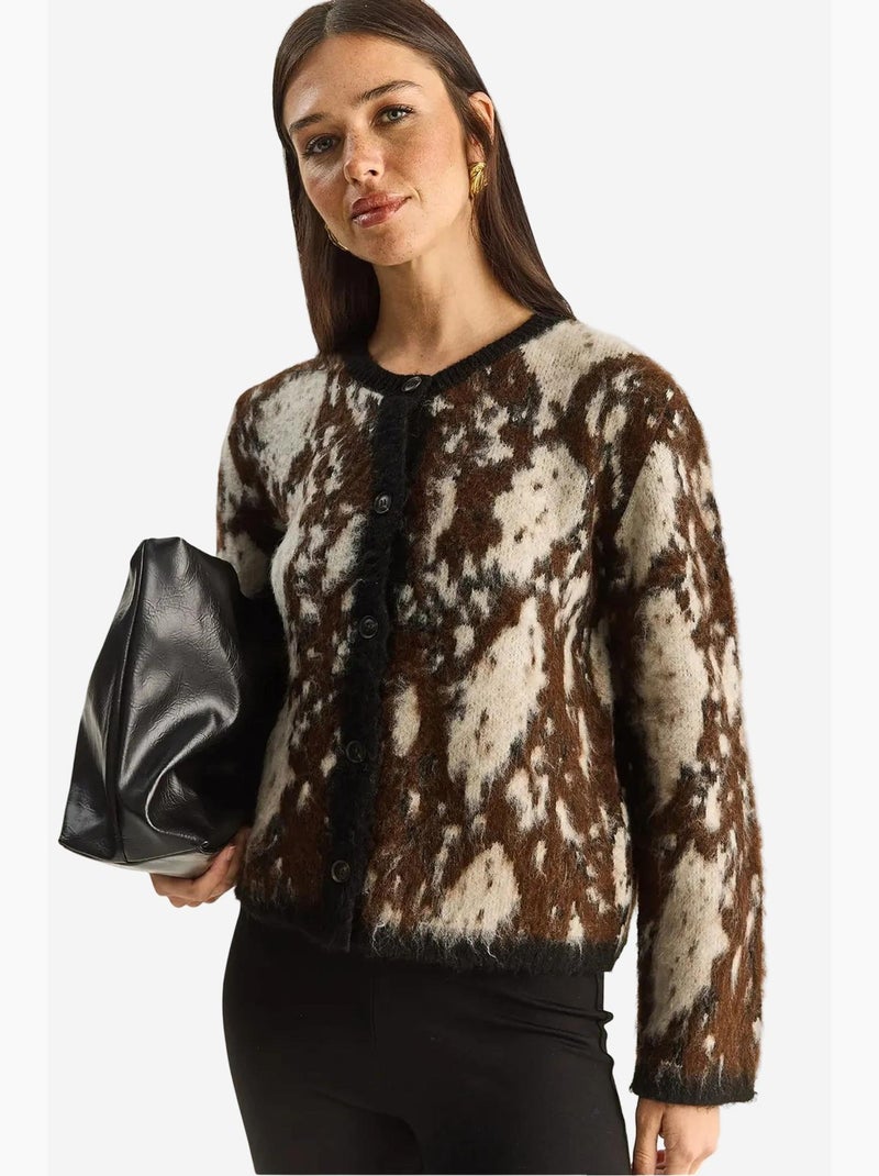 Cardigan jacquard con motivo, maniche lunghe e bottoni lucci Marrone scuro - Kiabi