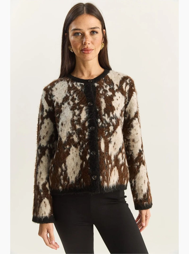 Cardigan jacquard con motivo, maniche lunghe e bottoni lucci Marrone scuro - Kiabi