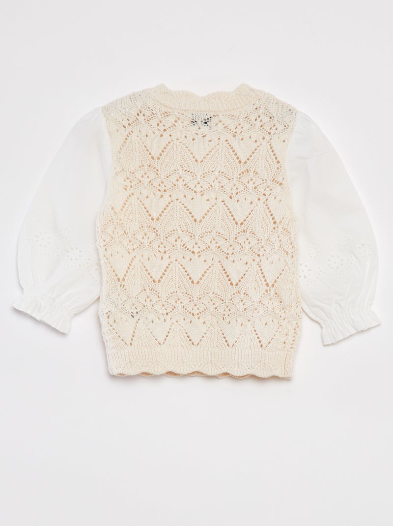 Cardigan lavorato a maglia con bottoni e maniche in garza di cotone - BEIGE - Kiabi
