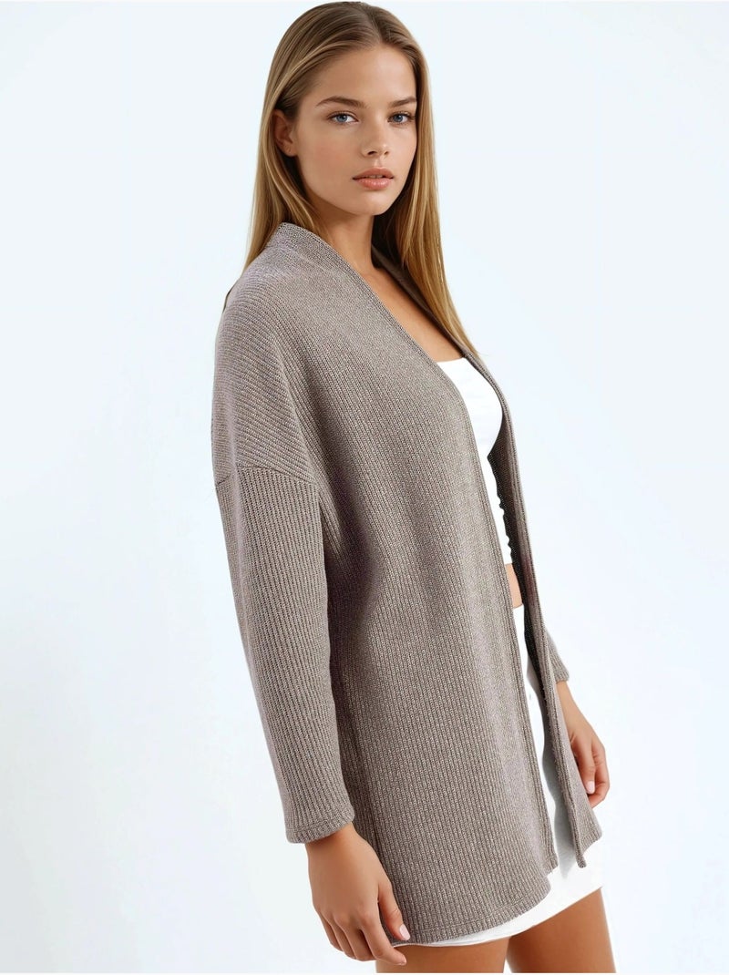 Cardigan lungo a coste in maglia con colletto aperto busem Grège - Kiabi