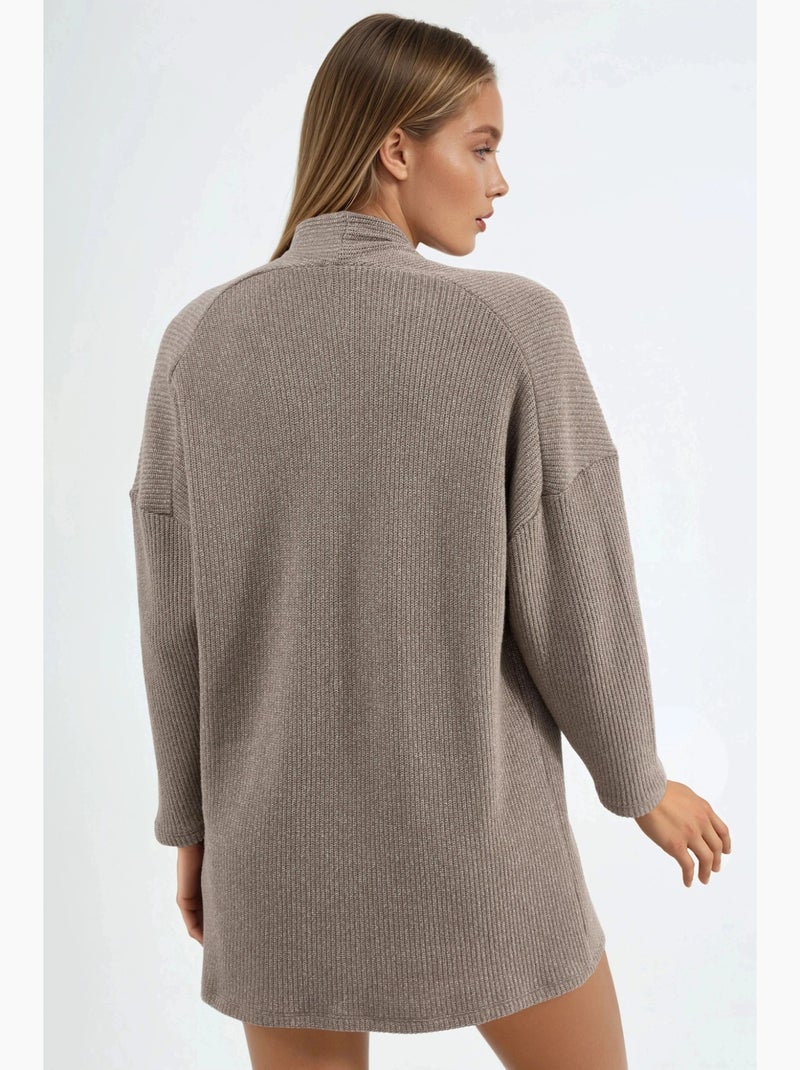 Cardigan lungo a coste in maglia con colletto aperto busem Grège - Kiabi