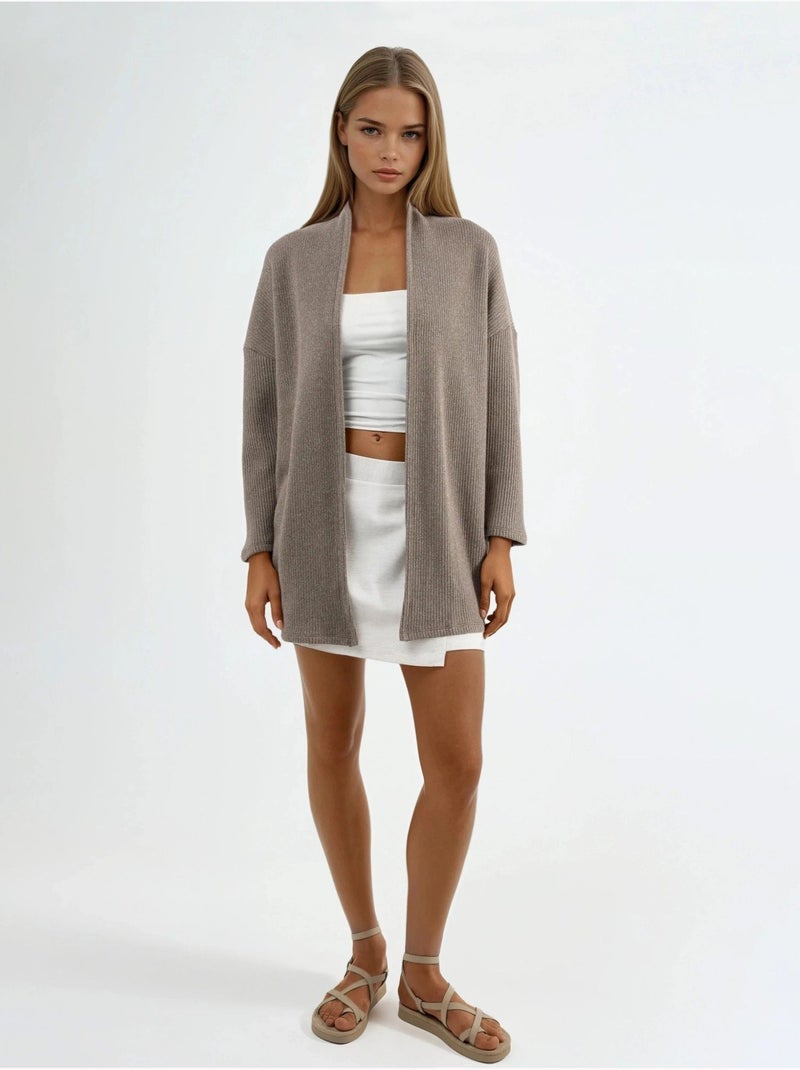 Cardigan lungo a coste in maglia con colletto aperto busem Grège - Kiabi