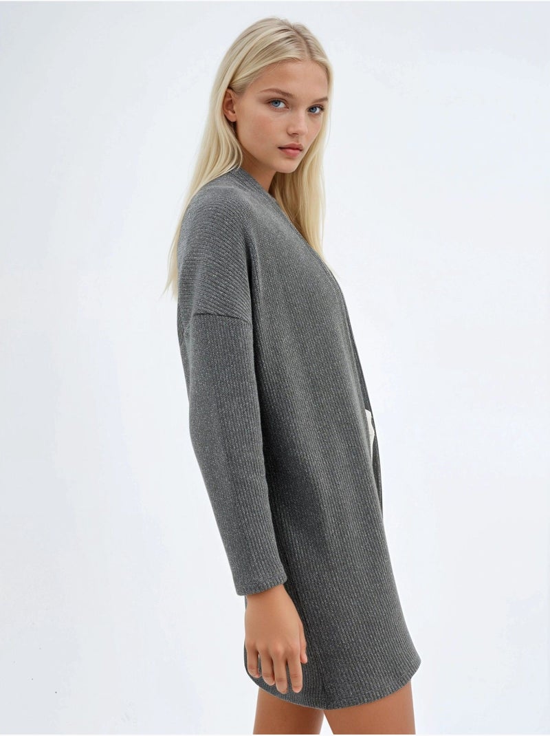 Cardigan lungo a coste in maglia con colletto aperto busem Grigio scuro - Kiabi