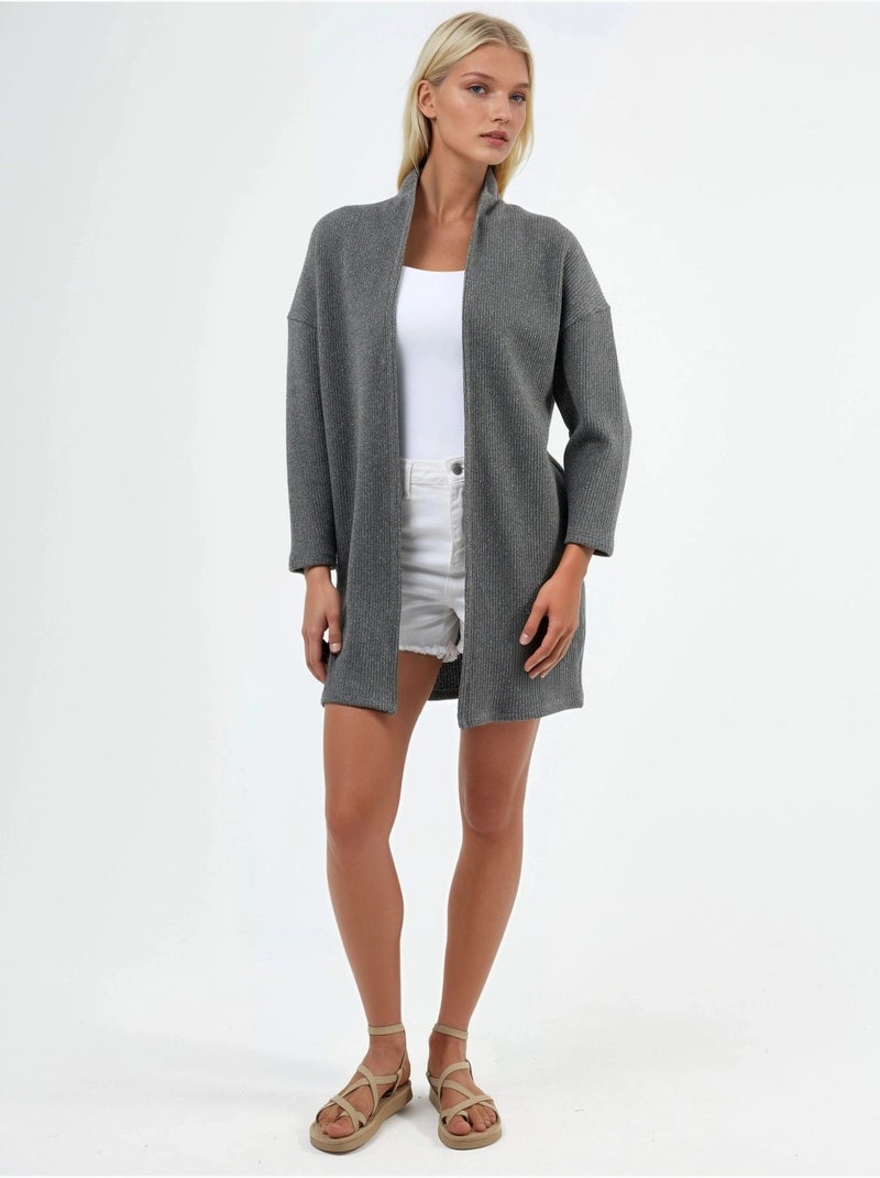 Cardigan lungo a coste in maglia con colletto aperto busem Grigio scuro - Kiabi