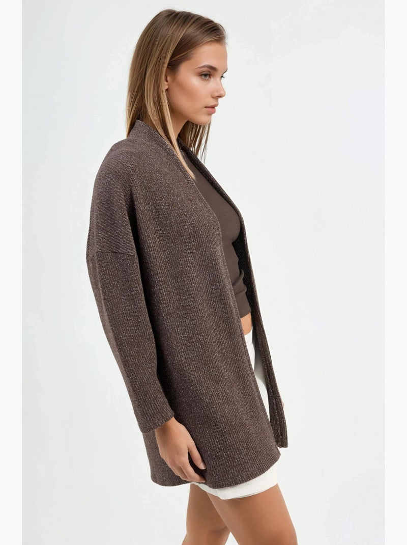 Cardigan lungo a coste in maglia con colletto aperto busem Marrone cioccolato - Kiabi
