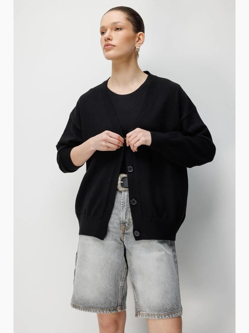 Cardigan lungo in maglia a coste con scollo a v e chiusura con bottoni mixray Nero - Kiabi