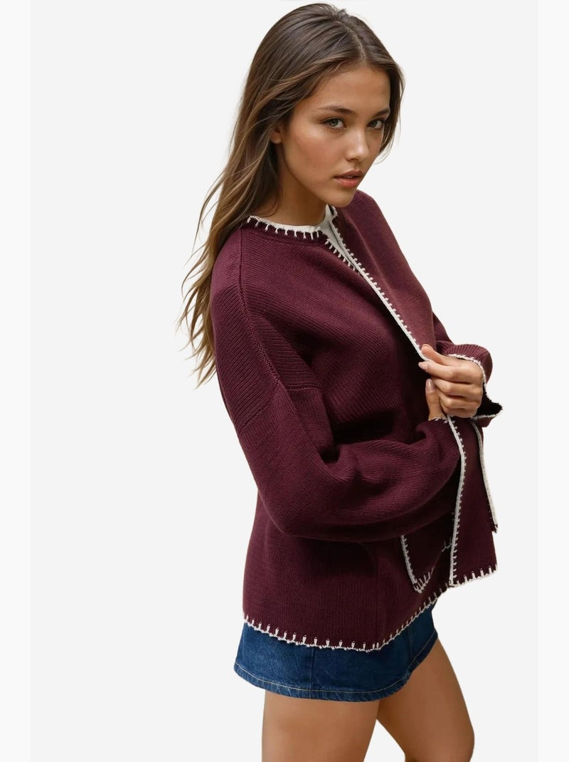 Cardigan lungo in maglia con dettagli di impunture hiccup Rosso bordeaux - Kiabi